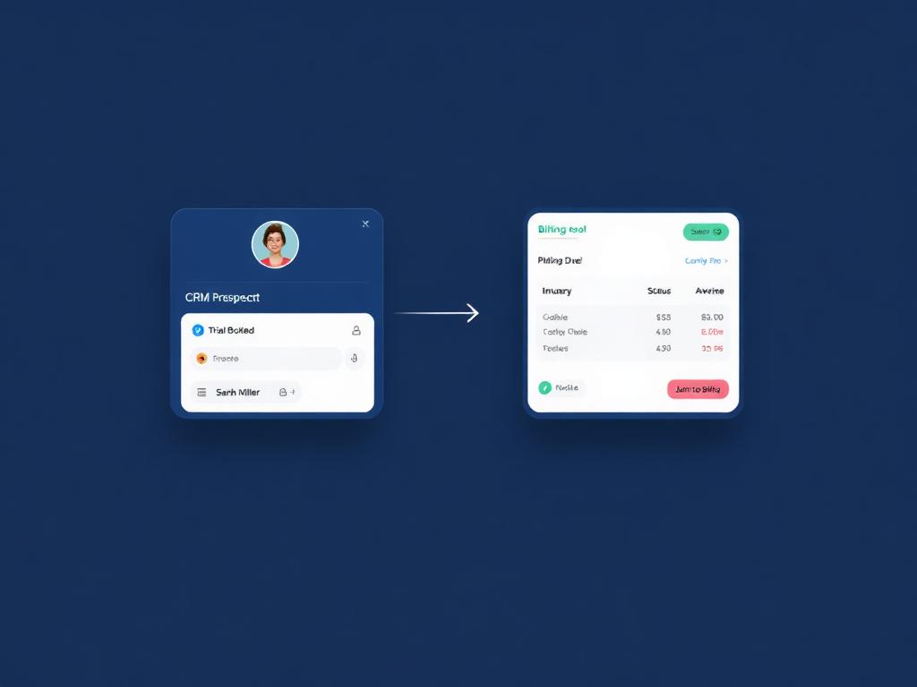 Connected workflow showing a CRM prospect card linked to scheduling and billing tools