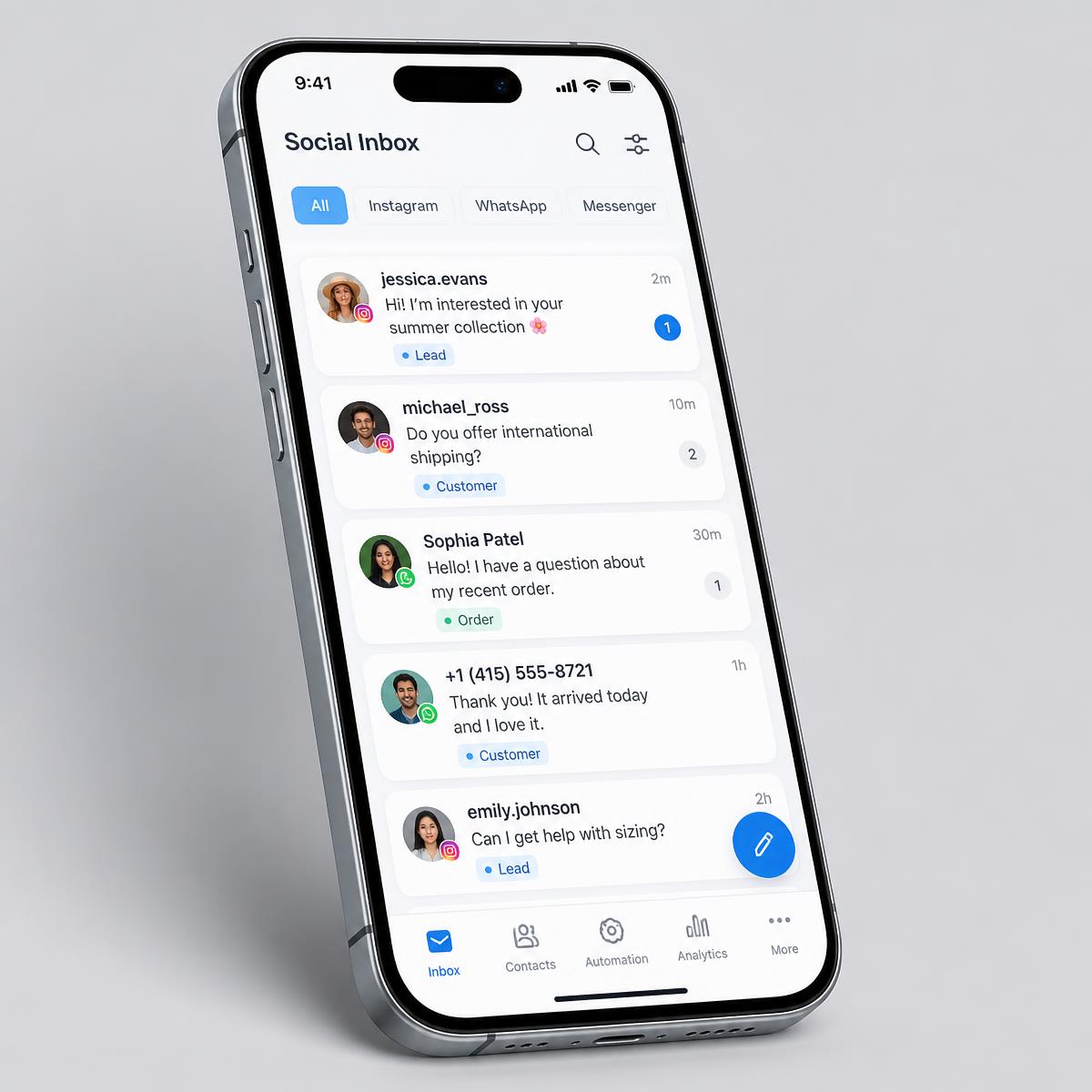 AllSportsCRM social inbox on mobile with Instagram and Facebook threads